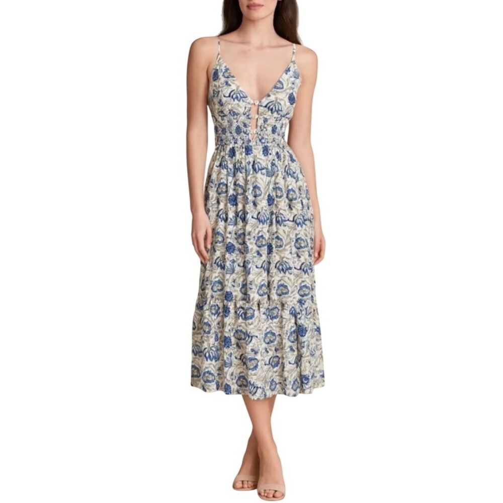 Caroline Constas Blue White Floral Smocked Waist V-Neck Maxi Dress Medium New